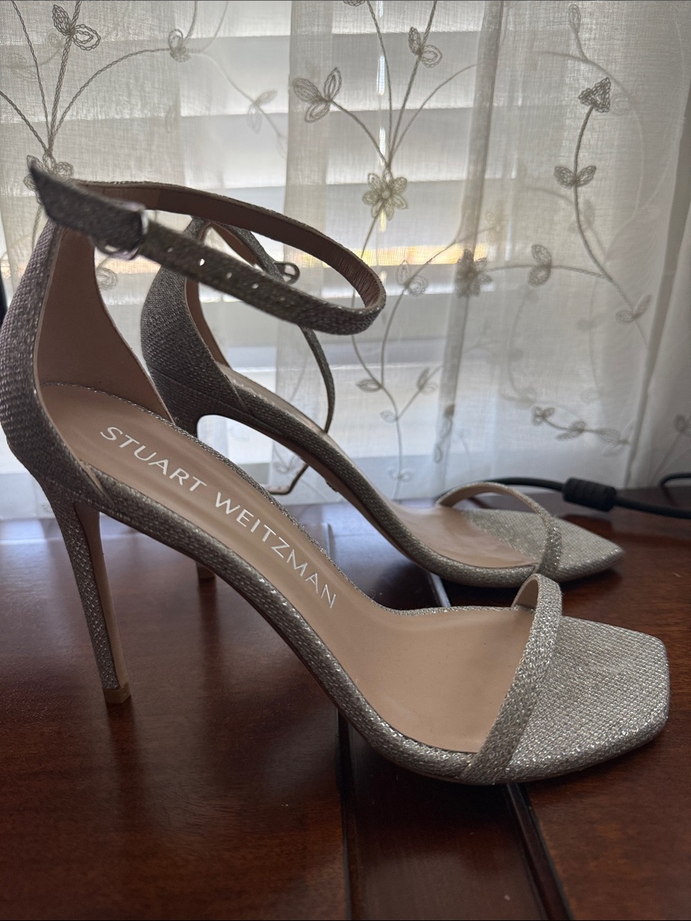 Stuart Weitzman Silver Glitter Ankle-Strap High Heels